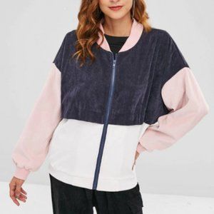 Zaful Color Block Corduroy Sweatshirt - Pink/White